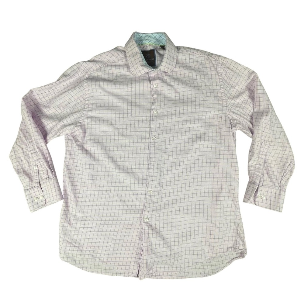 Tattersall London Shirt Men's 17.5 Pink Blue Stripe‎ Long Sleeve Button Up Soft